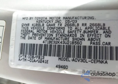 2003 Toyota Camry Le from USA, damaged, VIN 4T1BE32K43U218560